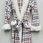 Pottery Barn  Womens Plaid Flannel Soft Faux Fur Belted Robe Generous S-M Photo 0