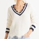 Z Supply  Evereve Luna Varsity V Neck Sweater White Navy Medium Distressed Photo 0