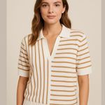 Aaeda Polo Collar Stripe Sweater Gold Metallic short sleeves Sz XL White Photo 0