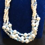 Vintage Statement Necklace Layered Multi Size Faux Pearl 4 Strands Blue Crystals White Photo 2