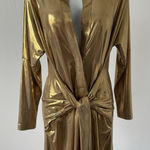 Norma Kamali  Tie Front Mini Dress Sz: S Long Sleeve Metallic Gold Lame Sexy (b1) Photo 0