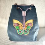 Laurel Burch Blue Denim Purple Drawstring Pull Handpainted Butterfly Backpack Photo 9