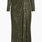 Mac Duggal Ieena olive green sequin full length long sleeve high slit gown. 6 Photo 0
