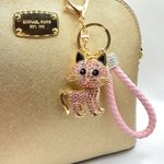 🐈🩷Pink Kitty Cat Rhinestone Bling Crystal Bag Charm Keychain Gold Photo 3