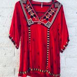 Free People Red V-Neck Shirt with Multi-Colored Geometric Embroidery, Size XS Photo 7