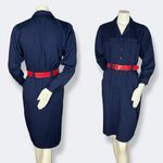 Vintage Taurus II Dress 1970s Navy Blue Red Belt Long Sleeves Button Photo 1