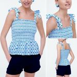 J.Crew Smocked Tie Shoulder Tank Top Floral in White and Blue NEW Size XL Photo 1