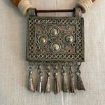 Handmade Vintage authentic African tribal necklace with metal center amber colored beads Photo 2