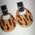 Vintage Orange and Black Enamel Retro Boho Door Knocker Hoop Earrings Photo 1