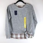 IZOD  Womens Sweatshirt Shirttail Hem Stretch Tie Waist Heathered Gray Plaid S Photo 0