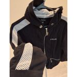Bebe Short Zip Up Hoodie Y2K Style Womens L Black White Stripe Rhinestone Logo Photo 3