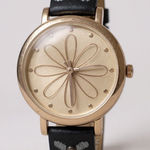 Womens Accutime Gold Tone Floral Watch Black Leather Strap Detail Photo 0