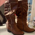 Shoe dazzle, brown scrunched boots with gold buckles and zippers size 10 Photo 0