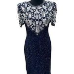 Laurence Kazar Vintage 1980s 100% silk navy blue beaded/embellished dress size L Photo 0