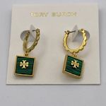 Tory Burch  huggie hoops with square drops, malachite with double T overlay. Photo 0