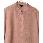 Anne Carson  Womens Linen Blouse Size 1X Pink Button Up Front Sequins Side Slits Photo 2