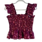 Hill House  Home Paz Smocked Ruffle Top M‎ Burgundy Floral Cottagecore Coquette Photo 0