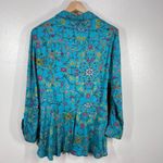 Lola P. Floral Button Down Top Long Sleeve Ruffle Hem‎ Bohemian Teal Size Medium Blue Photo 3