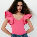 ZARA  Women’s Hot Pink Ribbed knit Poplin Ruffle Bodysuit Size Small Photo 1