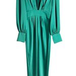 Ramy Brook Madeline Green Satin Plunge Neck Long Sleeve Gown Size 8 Photo 5