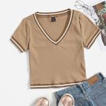 SheIn V-Neck Rib-Knit Beige Tee Photo 0