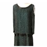 Handmade Cocktail Dress Blouson Black/Green Embellished Open Back Boat Neck Mini Medium Photo 4