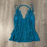 Mi ami XS Boho Blue Teal Ruffled Tank Top Lace Sleeveless Casual Romantic Blouse Photo 3