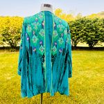 Bob Mackie  Plus Size Kimono Floral Silky Flowy Blue & Green Open Front Photo 6