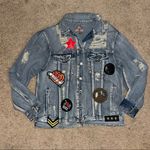 Signature 8 embellished denim jean jacket rose patch, bead peace rips and tears Blue Photo 0