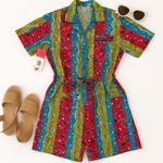 Dreams Vintage 80s NWT Cotton Romper Small Abstract Neon Print Button Playsuit Pink Photo 1