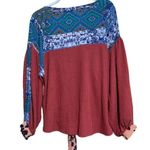 Umgee Size Small Safari Waffle Knit Stripe Bohemian Knot Tie Front Blouse Top Photo 4