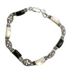 Sterling Silver Black Onyx Mother Of Pearl And Marcasite Bracelet Photo 6