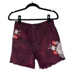 Free People Burgundy Floral Embroidery Scout Shorts Fray Hem Camo High Rise Sz 0 Photo 0