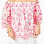 Lilly Pulitzer White Neon Pink Laurenne Off-the-Shoulder Summer Top Shirt XS Photo 1