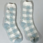 Blue White Pastel Plaid Checkered Plush Fuzzy Winter Socks Hosiery ❄️ Photo 0