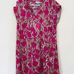 Loft  Pink and Tan Floral Midi Shift Dress, Split Neck, Fabric Belt, Cap Sleeve Photo 2