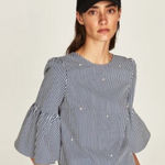 ZARA ‎ Navy and White Striped Blouse Poplin Bell Sleeves Pearl Accent 3/4 Sleeves Photo 0