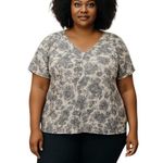 Rachel Zoe LINEN WHITE BLACK FLORAL VNECK SHORT SLEEVE TEE TOP 3X Plus size Photo 0