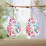 Pink Flower & Hummingbird Pattern Drop Earrings‎ Lightweight Faux Leather Photo 5