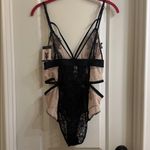 French affair Lace & Mesh Caged Body Suit NEW Black Tan Large Photo 7