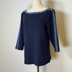Karen Scott Studded Boat Neck Cotton Top Navy 3/4 Sleeve Women’s Petite Large Photo 1