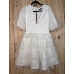 Lulus NWT  Dramatic Poise White Dot Tulle Puff Sleeve Tiered Mini Dress Size S Photo 1