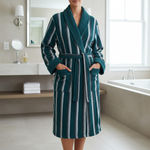 Unisex Striped 100% Cotton Bathrobe Green Beige belted Size Large Photo 2