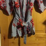 JOSIE NATORI Blue Pinstripe Floral Embroidery Tie Waist 3/4 Slv Robe EUC XS Photo 4