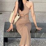 ZARA Tan and brown halter neck dress Size M Photo 5