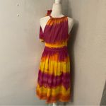 EXPRESS Silk Sunburst Tie Dye Shoulder Dress 4 Dopamine Rainbowcore Barbie Boho Photo 1