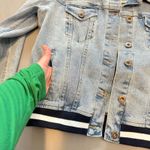 Pistola Denim Trucker Jacket Distressed Light Wash Varsity Cuffs Size L Photo 4