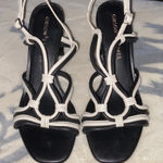Gibson Latimer GIBSON*LATIMER BLACK/WHITE LEATHER SANDALS New Genuine Sheep Leather BLOCK HEEL Photo 0