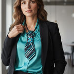 “Dainty Dapper” black necktie necklace with aqua stripes. Aqua flower brooch Photo 0
