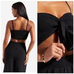 EXPRESS  x Rocky Barnes Black Smocked Bow Tie Front Crop Top Stretchy Size L Photo 3
